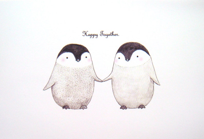 Penguin Couple Print, Unique Wedding Gift, Penguin Love Illustration, Watercolor Penguins Print, Anniversary Gift, Black and White Wall Art image 6