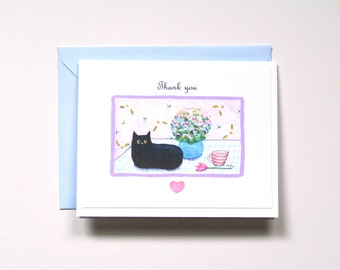 Black cat Thank you card, Teacher Appreciation Gift, Cat Lover Gift, Custom Message Card, Whimsical Cat & Flower art, Friend Thank you Card