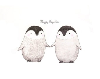 Penguin Couple Print, Unique Wedding Gift, Penguin Love Illustration, Watercolor Penguins Print, Anniversary Gift, Black and White Wall Art