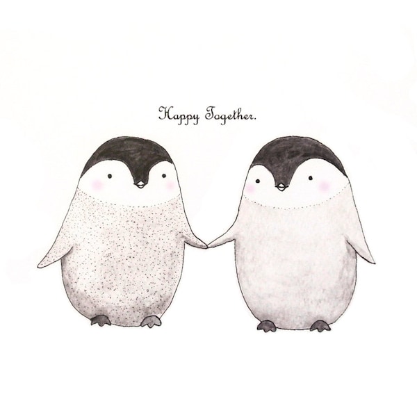 Impresión de acuarela de pareja de pingüinos, regalo de aniversario (4x6)