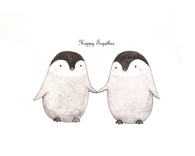 Two cute, blushing  penguins holding hands. Above them, it says; Happy Together