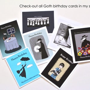 May include: A collection of eight gothic birthday cards featuring various illustrations, including a black cat, a raven, a plague doctor, and a girl with a cat. The cards have black and white illustrations with pops of color, and the text "Happy Birthday" is featured on each card.