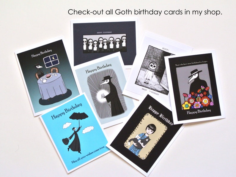 May include: A collection of eight gothic birthday cards featuring various illustrations, including a black cat, a raven, a plague doctor, and a girl with a cat. The cards have black and white illustrations with pops of color, and the text "Happy Birthday" is featured on each card.