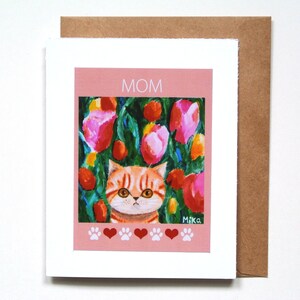 Carte de fête des mères orange chat tigré, jardin de tulipes Kitty, fête des mères assez florale printanière colorée, cadeau pour maman chat amoureux des chats, carte je t'aime maman