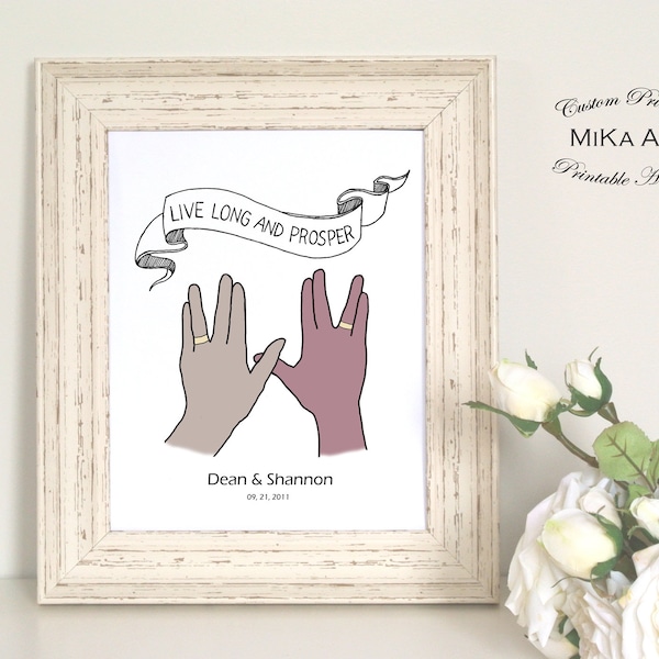 Star Trek Wedding Unique Gift for Couple Custom Illustration Print Digital File Vulcan Salute Trekkie Geek DIY Home Wall Decor Digital Print