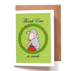 Carte de remerciement mouton, cadeau d'appréciation du professeur, carte de remerciement drôle de jeu de mots animal, carte de gratitude unique faite main, carte de remerciement tricoteuse