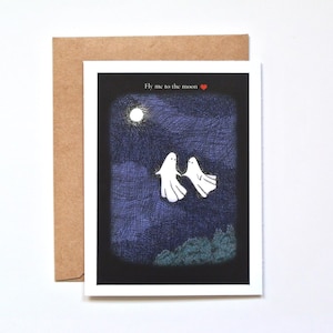 Carte d'anniversaire gothique pour lui/elle, fantômes mignons effrayants volant vers la lune, carte d'Halloween amour/amitié, art gothique sombre, carte de la Saint-Valentin