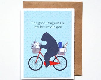 Verjaardagskaart Bear & Bunny, Bicycle Art Print, Cottagecore Picnic