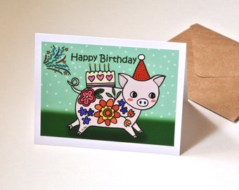 Pig Birthday Card, Pig Lover gift, Funny farm animal greeting card, Cute pig running with birthday cake, Barnyard party, Kids birthday Card