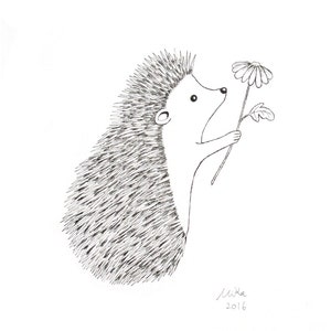 A very detailed ink drawing of a cute hedgehog, holding a flower.