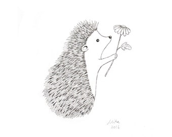 Hedgehog Gift, Hedgehog Drawing, Unique Baby Shower gift, Black White Wall Art, Woodland Nursery Print, Cute Hedgehog Décor, Monochrome Art