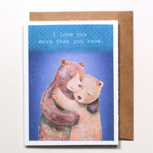 Carte Je t'aime plus que vous ne le pensez, carte romantique câlin d'ours pour partenaire, anniversaire de couple mignon ou carte de voeux d'amour, carte d'amour d'ours faite main