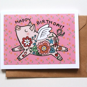 Carte d'anniversaire de cochon, cochon volant, carte d'anniversaire drôle, cadeau pour amoureux des cochons, carte d'anniversaire de cochon, jolie carte de cochon, quand le cochon vole, cadeau d'anniversaire d'un ami