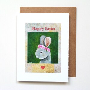 Carte de lapin de Pâques, couronne de fleurs roses sur un lapin mignon, joyeuses Pâques, carte d'anniversaire de Pâques de printemps, cadeau de Pâques floral girly pour petite-fille