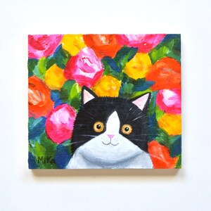 Tuxedo Cat Original Folk Art Painting on Wood, Cat Lover Gift, Semi Abstract Expressionist Floral Art, Colorful Home Décor, Cat Portrait