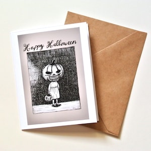 Carte d'Halloween originale, cadeau d'Halloween pour un ami, citrouille mignonne et effrayante, impression d'art folklorique gothique lunatique, carte d'envoi directe par message personnalisé