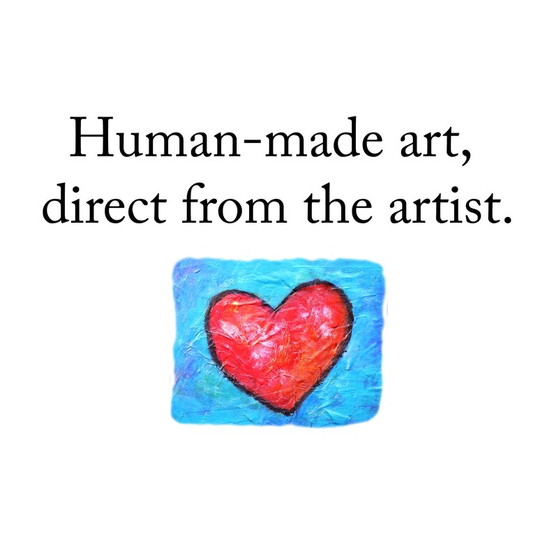 Op de afbeelding: Een rechthoekig kunstwerk met een felrood hart in het midden op een getextureerde blauwe achtergrond. Boven het hart staat de tekst: Human-made art, direct from the artist. Het hart vertoont zichtbare penseelstreken en diverse roodtinten.