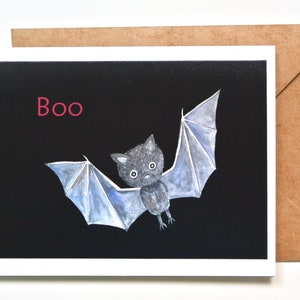 Cartão fofo de morcego de Halloween, Boo, ilustração engraçada de animal assustador, em branco por dentro, cartão de felicitações de Halloween exclusivo feito à mão, presente gótico para amantes