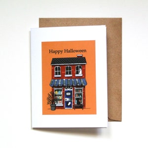 Halloween-kaart boekenliefhebber, kunst boekhandel Haunted, cadeau vriendschap Halloween, schattige spookkunst, zwarte kat Halloween-kaart, aangepaste berichtkaart