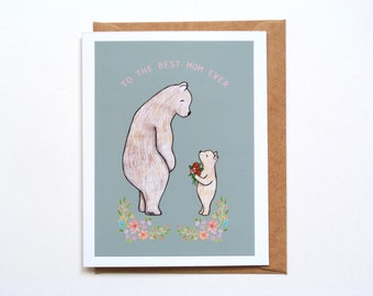 Carte de fête des mères, meilleure maman de tous les temps, maman ours, bonne fête des mères, carte de voeux ours, carte d'anniversaire de maman, maman je t'aime, carte florale pour mère