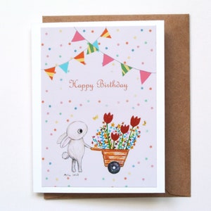 Handmade Bunny Birthday Card, Cute Rabbit with Flower Cart, Whimsical Kids or Adult Birthday Greeting Card, Illustrated Animal Handmade Card