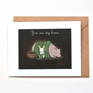 Carte d'anniversaire lapin et ours, carte de la Saint-Valentin, cadeau pour amateur de tricot, Vous êtes chez moi, portrait de couple lapin ours, carte d'anniversaire petit ami