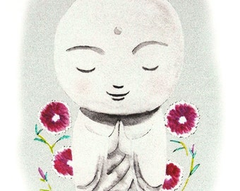 Jizo Print, Mothers Day Gift, Japanese Zen Art, Mindful Meditation Wall Décor, Healing Art, Yoga Wellness Gift, Minimalist Watercolor Print