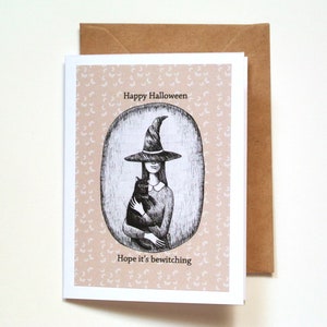 Bewitching Halloween Card, Witch with Black Cat Illustration, Gothic Halloween Greeting, Vintage Style Witchy Card, Whimsical Greeting Card