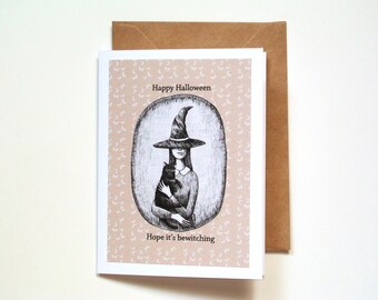 Vintage Witch Halloween Card: Gothic Black Cat Greeting