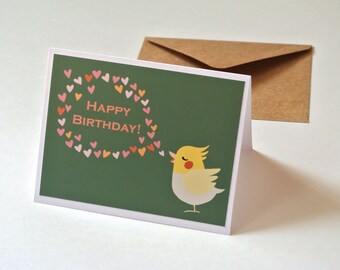 Cute Cockatiel Happy Birthday Card, Bird Lover Gift, Colorful Bird with Flowers, Cockatiel Mom/Dad Birthday Card, Parakeet Budgie Pet Bird