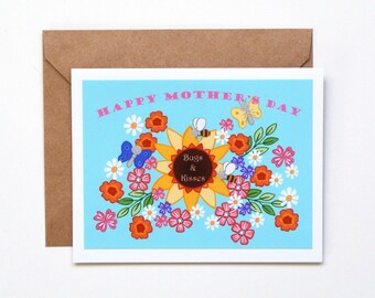 Sunflower Mothers day card, Gift for Garden Lover, Floral card, Hugs and Kisses, Cute Colorful card for mom, Pun card, Bees Butterfly Bugs