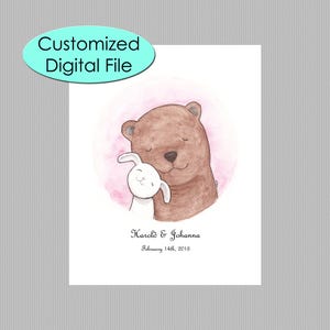 Bear & Bunny Custom Printable Art, Custom Couple Portrait Digital File, Valentines day gift, Unique wedding anniversary Gift For him, MiKa