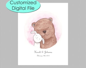Bear & Bunny Custom Printable Art, Custom Couple Portrait Digital File, Valentines day gift, Unique wedding anniversary Gift For him, MiKa