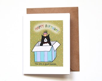 Happy Birthday Cat Card, Funny Cat in a Box Birthday Gift, Tuxedo Cat with Bowtie, Cat Lover Gift, Friend Co-worker Birthday Card, MiKaArt