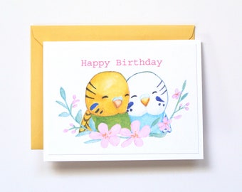 Budgie Birthday Card, Cute Parakeet Art Print, Pet Bird Lover Birthday Gift, Friend/Co-worker Birthday, Pet Portrait, Custom Message Card