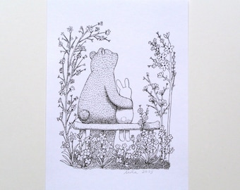 Bear Bunny Drawing print, Cottage core Home Décor, Woodland Nursery Art, Black & White Wall Art, Couple portrait as Bear and Rabbit, MiKaArt