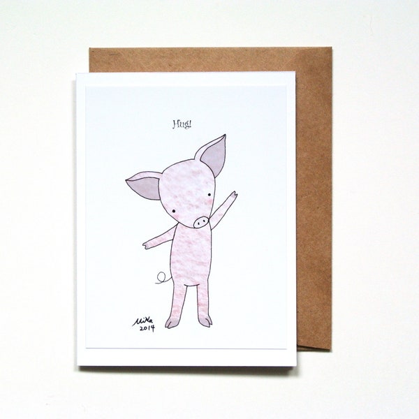 Sending You a Hug Card, Cute piglet Art, Pig gift, Thinking of You, Sympathy card, Long distance Love, Friendship Gift, Cancer Support card