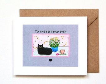 Black Cat Fathers Day Card, Cat Dad gift, Best Dad Ever Card, Cat Lover gift, Whimsical Cat Folk Art Print, Cute Cat Greeting Card, MiKaArt