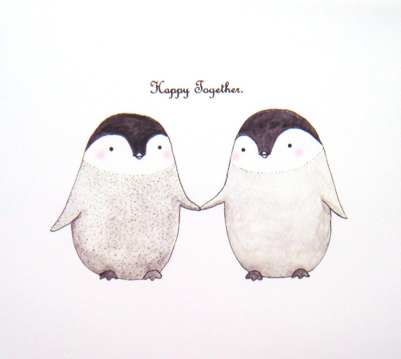Penguin Couple Print, Unique Wedding Gift, Penguin Love Illustration, Watercolor Penguins Print, Anniversary Gift, Black and White Wall Art image 4