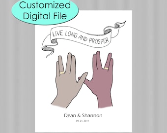Star Trek Wedding Gift, Personalized Vulcan Salute Illustration (Digital Print)
