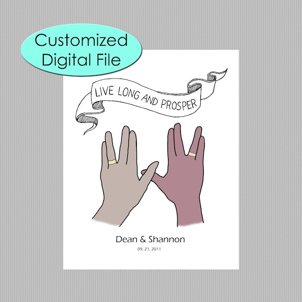 Star Trek Wedding Gift, Personalized Vulcan Salute Illustration (Digital Print)