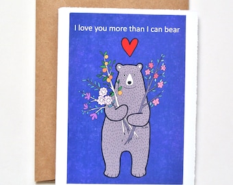 Handmade I Love You Card, Bear holding branches with flowers, Animal pun greeting
