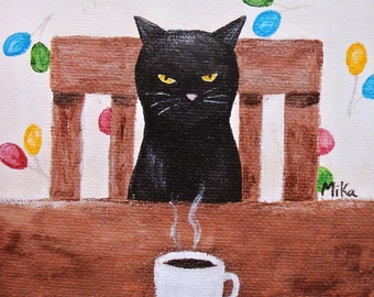 Funny Black Cat Art Print, Cat Lover Mothers Day Gift, Cute Grumpy Black Cat with Coffee, Whimsical Cat Art, Quirky cat Gift, Kitchen Décor