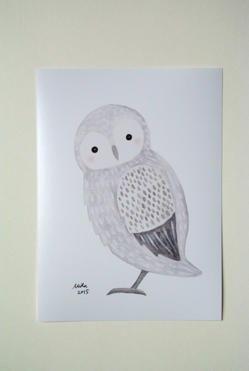 Owl Wall Art, Snowy Owl Illustration Print, Winter Woodland Animal Painting Print, Hygge Cottage Chic, Black & White Gray Neutral Home Décor image 9