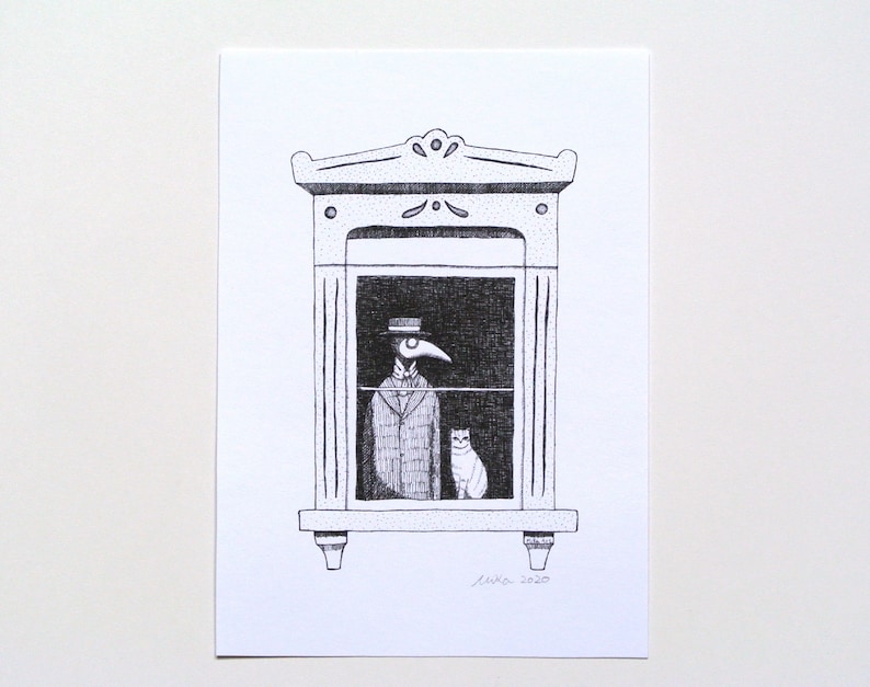 A plague doctor and a cat looking out from a classical style window.