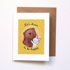 Carte amour ours et lapin, cadeau d'anniversaire en papier, portrait de couple, impression citation positive, choisissons d'être heureux, carte d'anniversaire petit ami