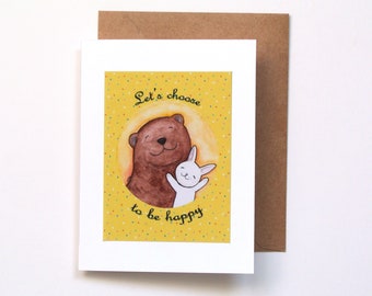 Bear and Rabbit Cute Valentines Day card, Let's choose to be Happy, Paper Anniversary card, Couple portrait print, Bear and Bunny Love Card