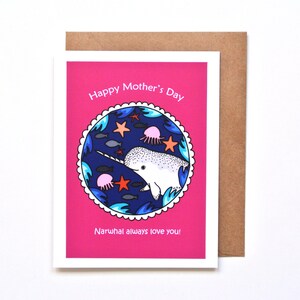 Carte de fête des mères narval, cadeau unique pour la fête des mères, je t'aime maman, art nautique sous la mer, cadeau pour amoureux de la plage, carte de jeu de mots animal arctique