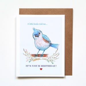 Jolie carte d'anniversaire oiseau bleu, un petit oiseau m'a dit, carte de voeux inspirée de la nature fabriquée à la main pour les amis, la famille ou les amoureux des oiseaux, MiKaArt