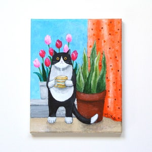 Original Cat Painting, Quirky Tuxedo Cat Pet Portrait, Cat Lover gift, Whimsical Kitchen Wall Décor, Coffee Art, Unique Christmas gift, MiKa